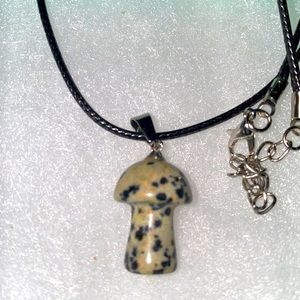 Boho natural Dalmatian Jasper Mushroom 🍄 Black Cord Neckl…